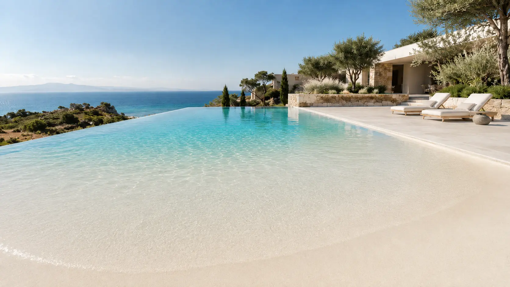 Piscina tipo playa con revestimiento continuo de arena y cuarzo Arelite Classic